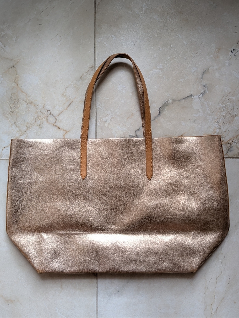 Express‎ Metallic Rose Gold Tote with Tan Handles